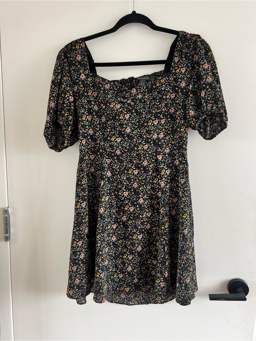 French Connection Black Floral Puff-Sleeve Mini Dress